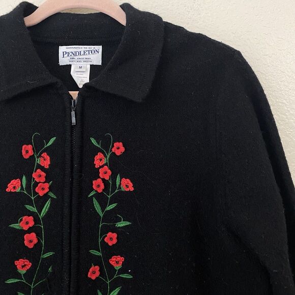 Vintage Pendleton Cardigan Womens Medium 100% Virgin Wool Flowers Black FLAW - Picture 5 of 6